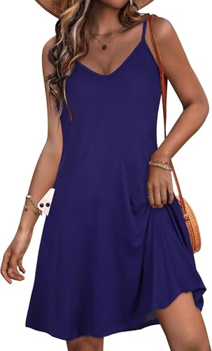 Womens Spaghetti Strap Dress Summer Beach Sundresses, Solid Navy Blue,M