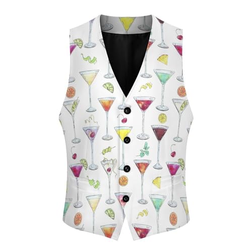Watercolor Cocktails Glass with Fruits Men's Suit Vest Slim Fit V-Ncek Waistcoat Business Casual Vest4