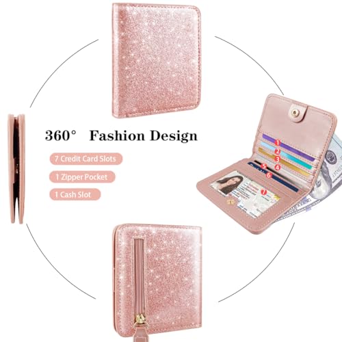 Image of Small Womens Glitter Wallet Thin Credit Card Holder Pocket | Compact Women Slim RFID Blocking Bling Wallets Bifold Ladies Mini Purse Pocket for Travel & Daily Use, Rose