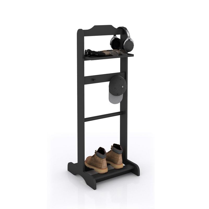 Suit Valet Stand with Top Tray, Bottom Shoe Rack, Freestanding Clothes Rack for Living Room, Bedroom,Entryway,Wooden Valet Stand for Men,Black