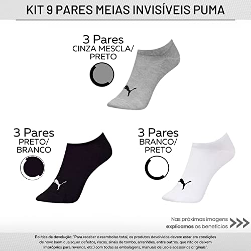 Kit 09 Pares Meias Puma Sapatilha Invisível Feminino Adulto | 3 Branco - 3 Cinza - 3 Preto | 34-39 |
