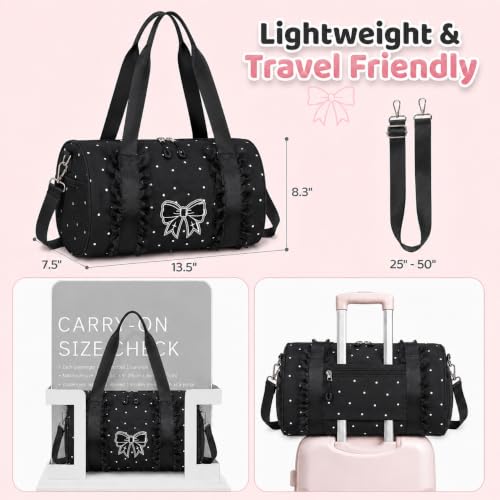 Image of CAMTOP Girls Dance Duffle Bag with Shoe Compartment, Ballet Gymnastics Bag for Girls 4-6, Toddler Travel Overnight Sports Bag with Strap, Cute Ballerina Gift (Black Polka dot)