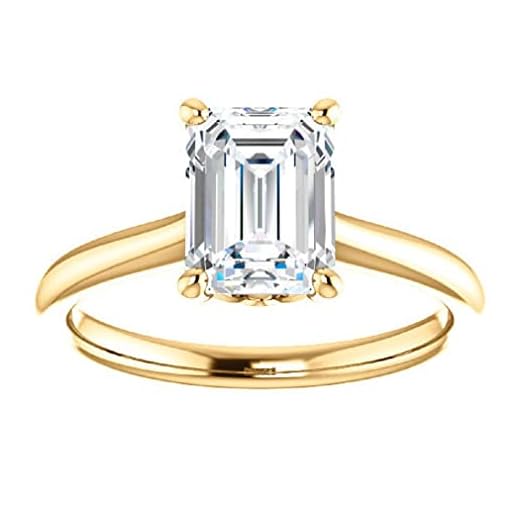 925 Silver, 10K/14K/18K Solid Gold Moissanite Engagement Ring, 3 CT Emerald Cut Handmade Solitaire Ring Diamond Wedding Ring for Women/Her, VVS1 Colorless, Promise Gifts Anniversary (925 Silver (Yellow Gold Plated))