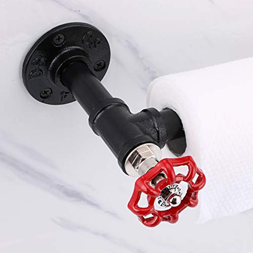 Sumnacon 13 Inch Industrial Pipe Paper Towel Holder - Wall Mounted Iron Vintage Tissue Holder With Hardware, Heavy Duty Rustic Hand Towel Bar Rack For Bathroom, Kitchen, Red Handle #TOP4