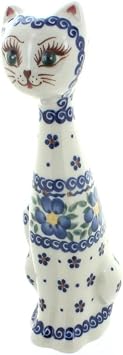 Blue Rose Polish Pottery - Blue Spring Blossom Small Cat - 8.5" Tall - Perfect for Home Decor, Unique Gift for Animal Lovers & Collectors