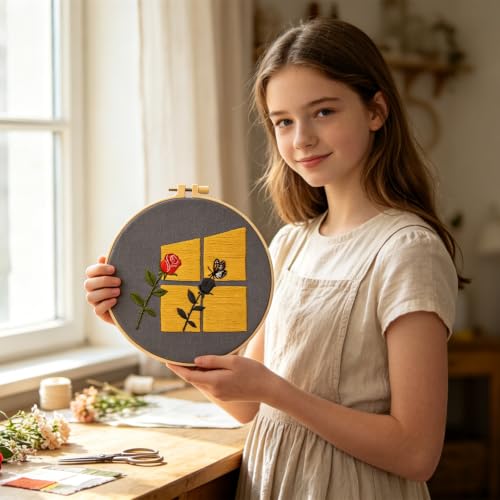 Image of Rose Embroidery Kits for Beginners Adults, Hand Embroidery Starters Kits, Floral Stamped Cross Stitch Kits Needlepoint Kits for Adults Anniversary Valentine's Day Gift, Embroidery Hoop, Video Tutorial