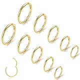 ONESING 10Pcs Gold Nose Ring Hoop 20G Clicker Nose Hoops Hypoallergenic Stainless Steel Nose Piercings Jewelry Gold Nose Jewelry Septum Helix Cartilage Lip Body Piercings for Women Men 7mm 8mm 9mm 10mm 12mm