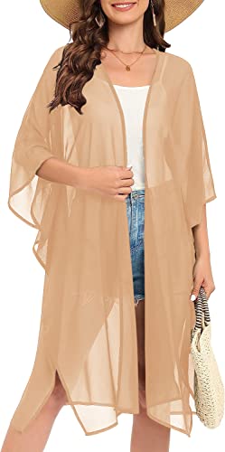 Image of Indian Trendy Women's Solid Puff Sleeve Kimono Long Cardigan Loose Cover Up Casual Blouse Top Chiffon