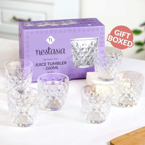 Image of Nestasia Transparent Small Juice Glasses Set of 6 (260 ml Each) - 100% Food Safe & Dishwasher Safe Diamond Textured Tumblers - Ideal for Water, Tea, Coffee & Refreshments - Perfect for Gifting