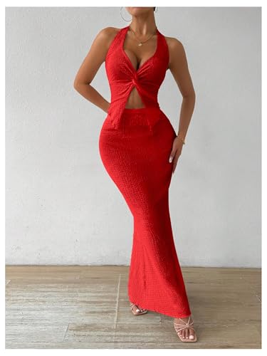 Image of SOLY HUX Women's Two Piece Outfits Twist Front Halter Cami Tops and Skirt Summer Set