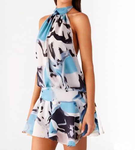 Image of Women's 2025 Summer Halter Dress Sleeveless Open Back Ruffle Tiered Layered Chiffon Pleated A Line Swing Mini Dress
