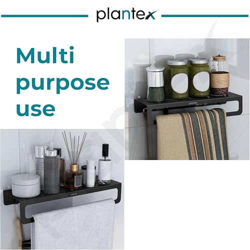 Image of Plantex Alloy Steel No Drill Bathroom Organiser /Self Adhesive Wall Mount Multipurpose Shelf /Rack /Towel Rod /Hooks for Bathroom - Pack of 1 (15 x 5 Inch, Black)