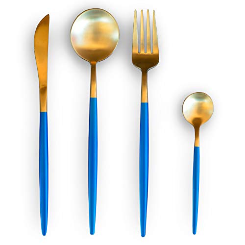 EME Mobiliário Cubereria Deluxe conjunto de 24 peças fabricado em aço inoxidável 18/10 em cor e azul. Inclui: 6 faca de mesa, 6 colher de mesa, 6 garfo de mesa e 6 colher de café sobremesa.