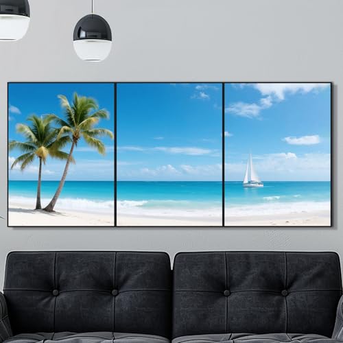 日光に照らされた霞んだ砂浜と波打つ海の美しい景色を描いた風景の北欧風モダン絵画。キャンバスに描かれた壁掛けアートプリントで、アルミニウム合金フレーム付き。耐久性のある頑丈なバックボード、厚さ2.5cm、サイズ40x30cmの3枚セット。