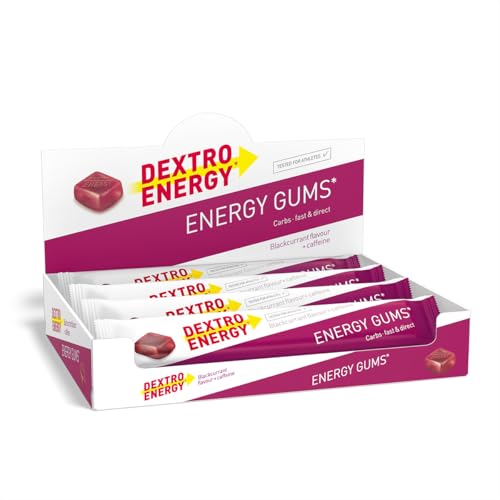 DEXTRO ENERGY GUMS BLACKCURRANT + KOFFEIN - 360g (8 Stück) - Veganes Fruchtgummi, schnell verfügbare Kohlenhydrate, für intensive Workouts, Koffeinkick, Booster, Kaubares Liquid Gel, ohne Gelatine