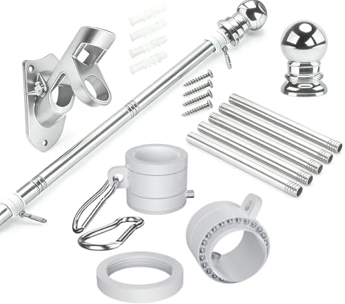 ZNNOPAX 5 FT Flag Pole Kit for Outside House Stainless Steel Wall Mount Flagpole with 2-Position Holder Bracket & 360 Spinning Metal Flag Ring Clips for 3x5 American Flag