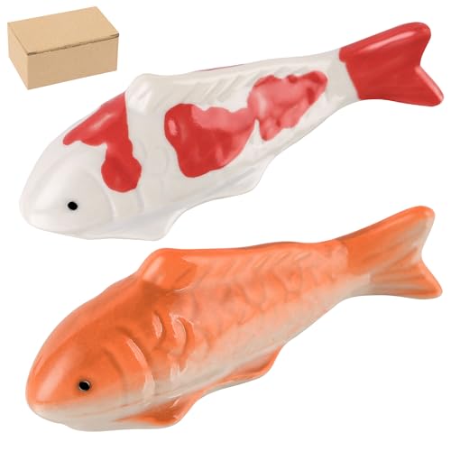 Image of Ceramic Floating Fish Set, 2Pack Realistic Goldfish & Koi Figurines for Aquariums, Tea Pet Adornments, Fairy Garden Accents, and Pond or Desktop Decorations.