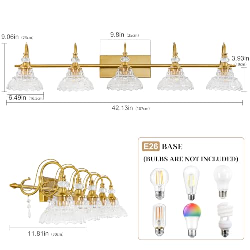 Image of Vintage Bathroom Vanity Light, 5-Light Brushed Gold Finish Wall Sconce with Hanging Crystal Accents and Flower-Shaped Clear Glass Shades, Retro Wall Mount Vanity Light Over Mirror for Bathroom