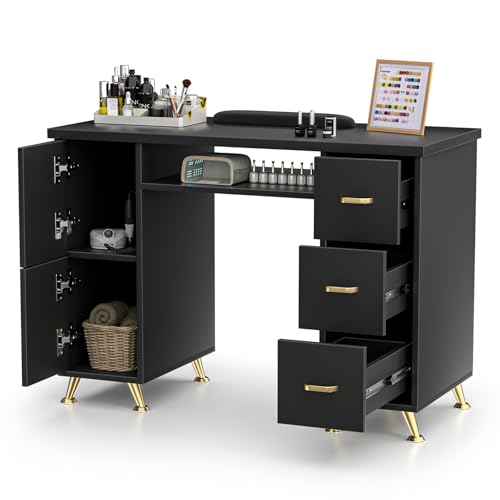 Charmmade Nail Tech Desk with Storage,Acetone-Resistant Manicure Table,Nail Table Beauty Salon Tech Station,3 Drawers,2 Cabinets,Wrist Cushion,Sturdy Metal Legs for Salon,Spa,Home (Black-Gold)