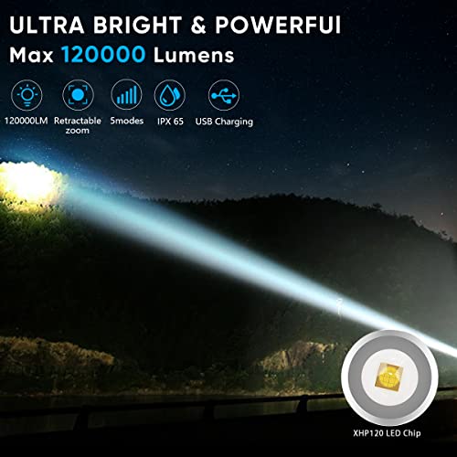Led Flashlight 120000 High Lumens, Super Bright Xhp120 Usb Rechargeable Flash Light Torch, Adjustable Focus High Powered 5 Modes Ipx65 Waterproof Powerful Flashlights For Emergencies Camping Fishing #TOP1