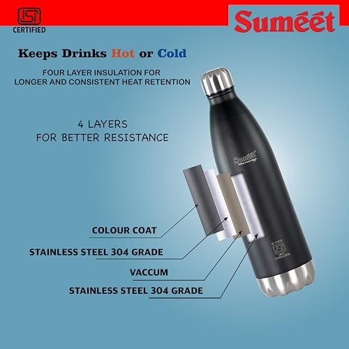 Image of Sumeet Thermo1000 ISI Certified Stainless Steel Hot & Cold Double Walled Leak Proof Vacuum Flask /Water Bottle for Office /School /College /Gym /Picnic /Home /Trekking- 1000ml, Black