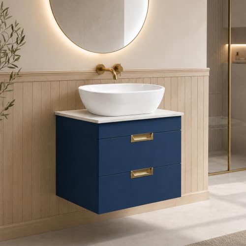 Image of BELOFAY 600mm Wall Mounted Vanity Unit with Basin | Two Soft-Close Drawers | Modern Floating Design with Countertop Basin & White Wooden Worktop, Waste Included (Tap & Trap Not Included)