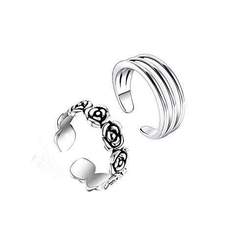 Lalamer 2pcs Sterling Silver Adjustable Toe Ring Rose Flower 3 Row Toe Rings for Women Girls Open Band Ring