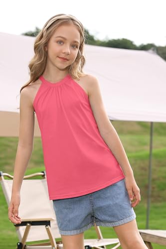 Image of BesserBay Girls Summer Back Button Halter Neck Tank Top Cold Shoulder Casual Blouse Pleated Sleeveless Shirts 5-14 Years