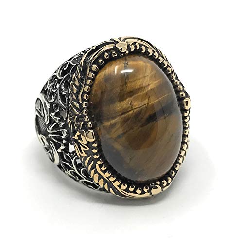 Kar 925K Stamped Sterling Silver Tiger Eye Men's Ring I1B (9) #TOP5