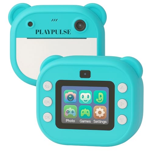 Image of Playpulse 1 Year Warranty Instant Kids Camera - 12MP Digital Print Camera, Photo Printer, Video Recorder, MP3 Player, Fun Filters, Rechargeable Battery & Paper Rolls - Green