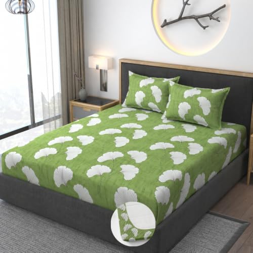 Image of Premium Heavy Cotton Elastic Fitted Bedsheets with 2 King Size Pillow Covers || Double Bed with All Around Elastic 350 TC || 60 x 78 x 8 Inch Queen Size Fitted || :- Green Jhaad
