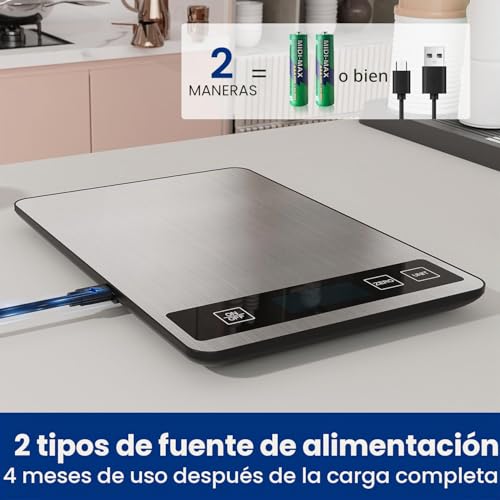 Miniatura 5 de Recargable Y 15kg Bascula Cocina Digital De, Balanza Cocina Usb C De Acero Inoxidable, Peso De Cocina Precisión De 1g, Bascula De Cocina Multifuncional Con Función De Tara