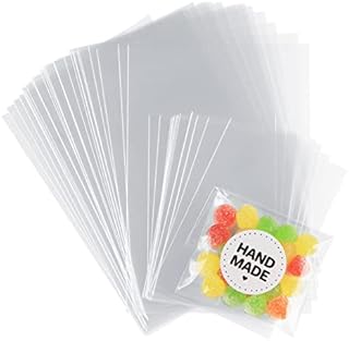 Anstore 200x Clear Flat Cello Cellophane Treat Bags OPP Plastic Gift Bags Valentine's Day Gift Bag for Cookies, Candy, Sweat, Soap, Valentine Chocolates, Food with Thank You/Handmade Stickers