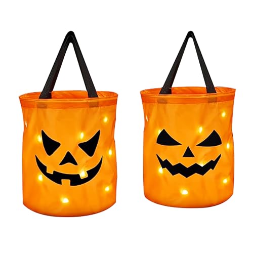 23GUANYI 2 Stück LED Leuchte Halloween Eimer für Süßigkeiten Halloween Tasche Leuchtender Kürbis Eimer Stoff Süßigkeiten Tüte Batteriebetriebener Kürbis Tasche für Halloween Party Geschenk