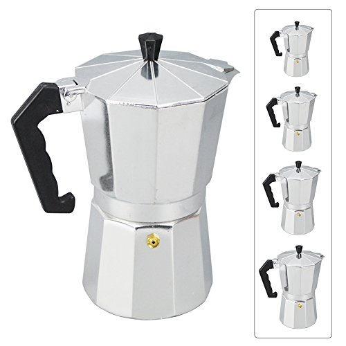 Moka Express - Macchina per caffè espresso, in alluminio, 1/3/6/9/12 tazze, con manico fresco, coperchio ribaltabile, facile da pulire, per casa, ufficio, caffè e tè (3 tazze, 150 ml)