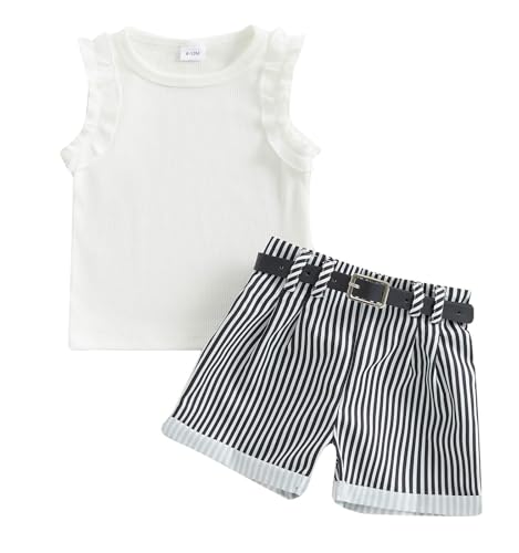 TheFound Toddler Baby Girl Summer Outfits Sleeveless Ruffle Tank Top Striped Shorts Newborn Baby Clothes 6 12 18 24 Months 2T (White, 12-18 Months)