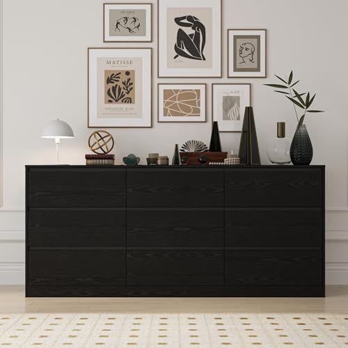 Image of Bobve 70.9 inch Dresser for Bedroom with 9 Drawers, Large Modern Chest of Drawers with Deep Drawers, Wide Double Dresser Handle Free, Storage Organizer for Bedroom, Living Room, Hallway (Black)