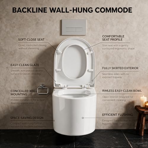Image of Backline Luxe Rimless Wall Hung Western toilet Commode for Bathroom | Wall Mount P Trap Water Closet Water Saving Commode | UF Heavy-Duty Soft-Close Seat Cover | 7-Year Warranty