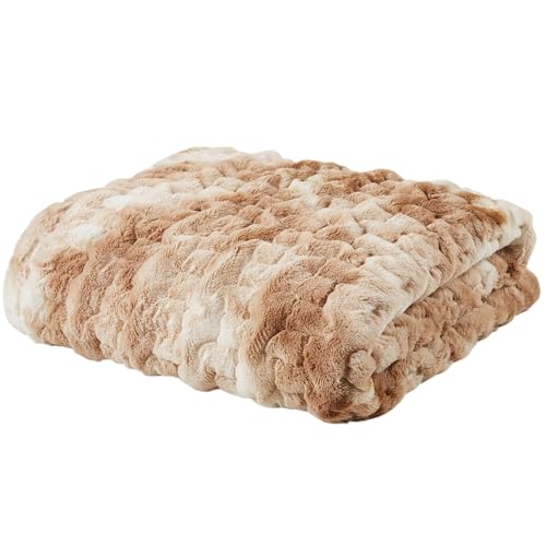 Madison Park Ruched Fur Throw Faux Fur Blanket, 50" x 60", Tan Tie Dye - image 1