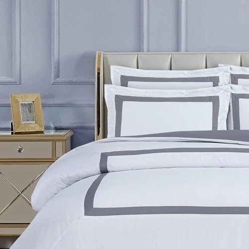 Majestic Giftware Madison Linen 4 Pcs 48" Full Size Duvet Bedding Set (BL4-48F-8-4pcs) Province Hotel Collection-White-Gray Tape 400 TC Cotton Sateen | 1 Fitted Sheet, 1 Duvet, 2 Pillowcases