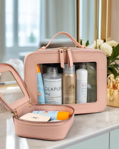 Image of LETGO Clear Makeup Bag Mahjong Tile Bag with Zipper and Handle| Structured Large Travel Makeup Bag for Toiletries for Women,Travel Cosmetic Case,Waterproof PU Leather,Wide Opening