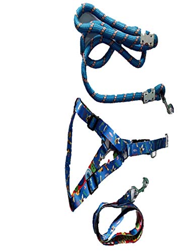 PET CLUB51 Printed Harness Wo Pad with Rope Combo for Puppy Dogs (XS, Blue)
