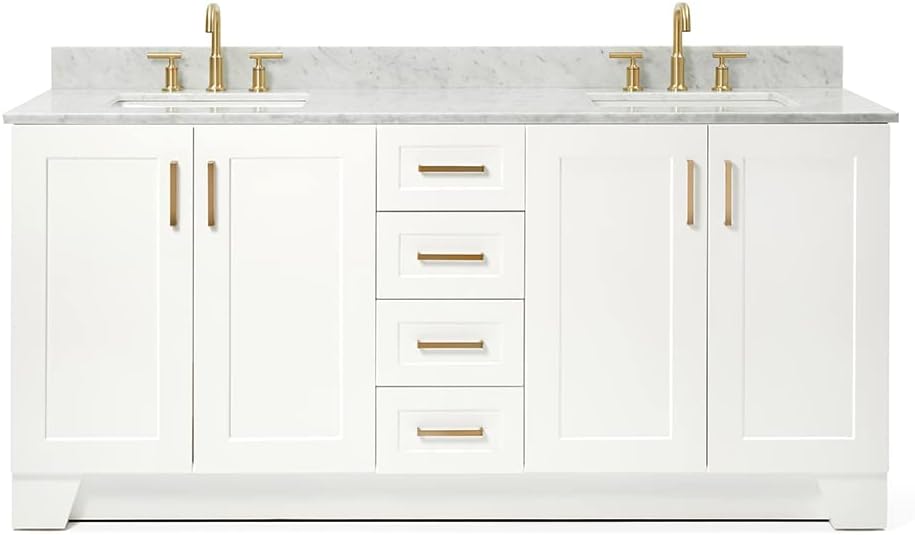 ARIEL Taylor 72-inch Bathroom Vanity with Sink,Solid Wood, 0.75-inch Italian Carrara Marble Countertop, Double Rectangular Porcelain Sink, 4 Soft Closing Doors, 6 Dovetail Drawers, White