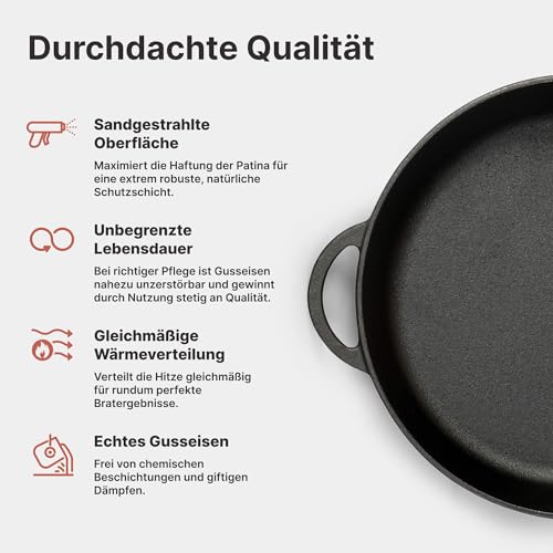 Foto von Premium Gusseisenpfanne Induktion 28 cm Pfanne Gusseisen UNBESCHICHTET sandgestrahlt universell Cast Iron Pan für alle Herdarten kratzfest Bratpfanne backofenfest Gusspfanne Eisenpfanne