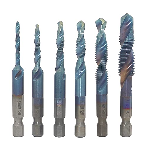 ANKEBO 6PCS 1/4 inches HSS Spiral Hex Shank Combination Drill Screw Tap Bit Set, Metric Thread M3 M4 M5 M6 M8 M10 Screw Tapping bit Tool, Blue, M3-M10