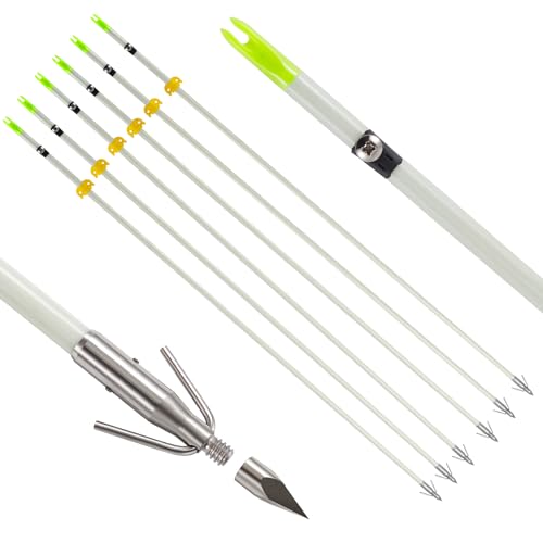 KEAUP 6 Pack 32 inch Bowfishing Arrows with Broadheads and Safty Slides Bow Fishing Arrow Luminous for Compound Bow Recurve Bow Fishing Hunting