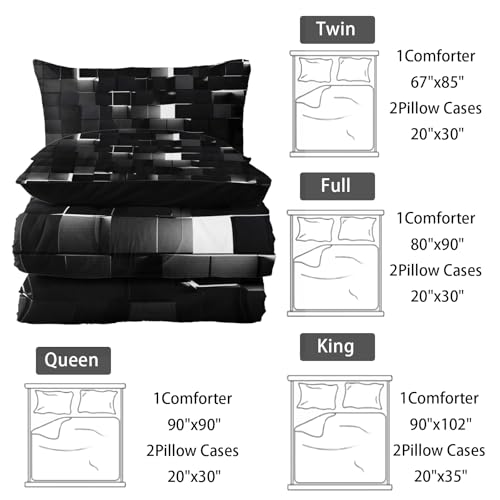 Image of Nttopship Neon White Black Comforter Set Full Geometric Kids Bedding Set,3 PCS Geometry Honeycomb Bed Set Modern Quilt Set 1 Comforter 2 Pillow Cases Cool Room Decor All Season B-Side Black