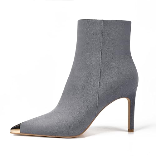 XINIUNIU Women's Ankle Boots Kitten Stiletto Heels Booties Metal Pointed Toe Suede Side Zipper 3.5 Inch Short Boot Dress2