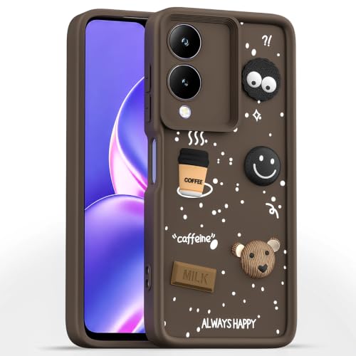 Image of Pikkme Back Cover for Vivo Y17s / Vivo Y28 | 3D Bear Silicone Cute & Fun Coffee Cartoon | Full Body Protection Bumper Case (Brown)