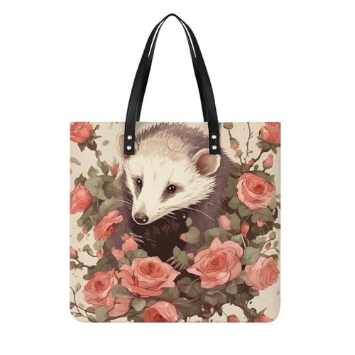 Sac à main en cuir imperméable blanc à motif opossum et roses pour femme